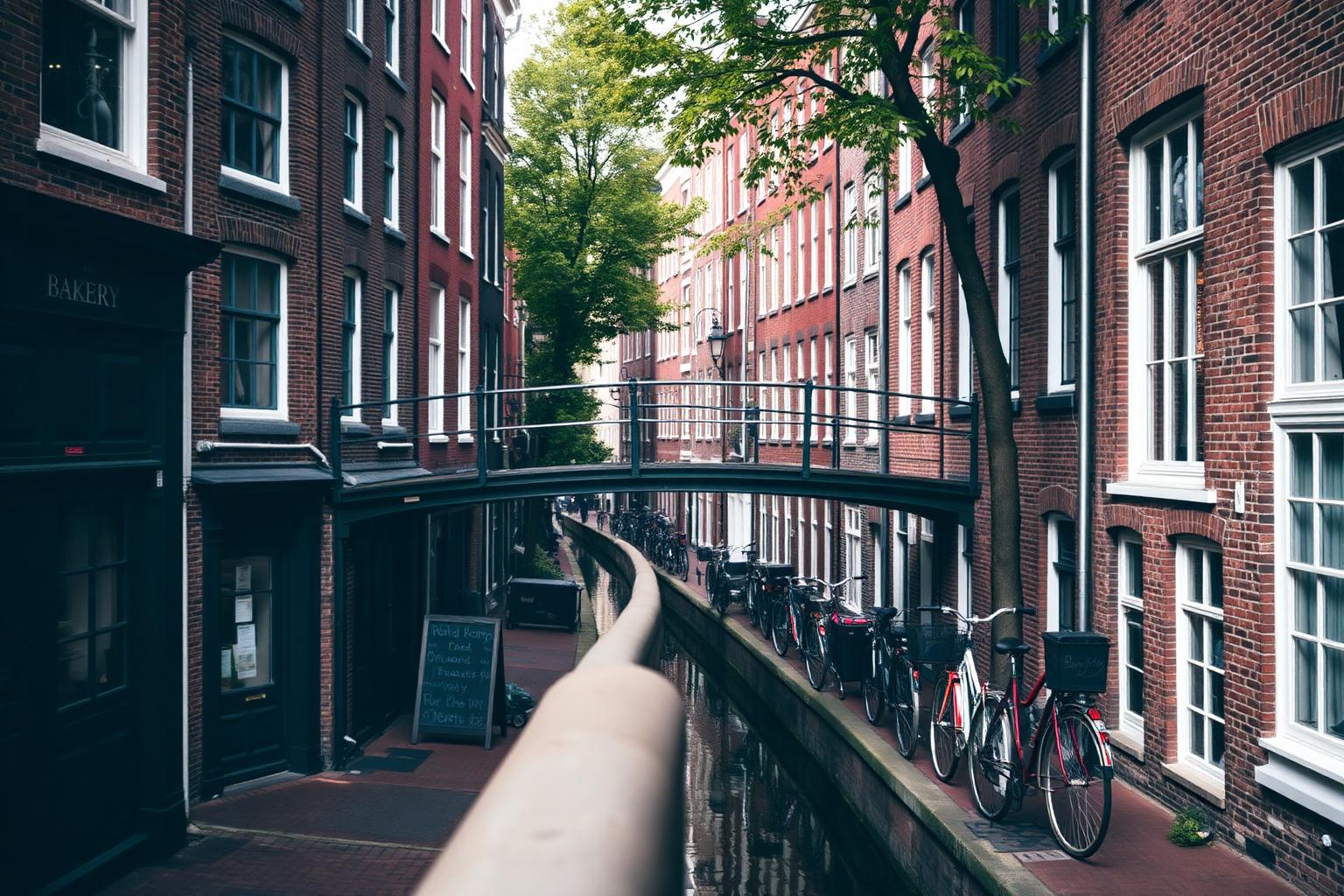 Amsterdam canal street with bicycles and a green bakery shopfront near Anne
