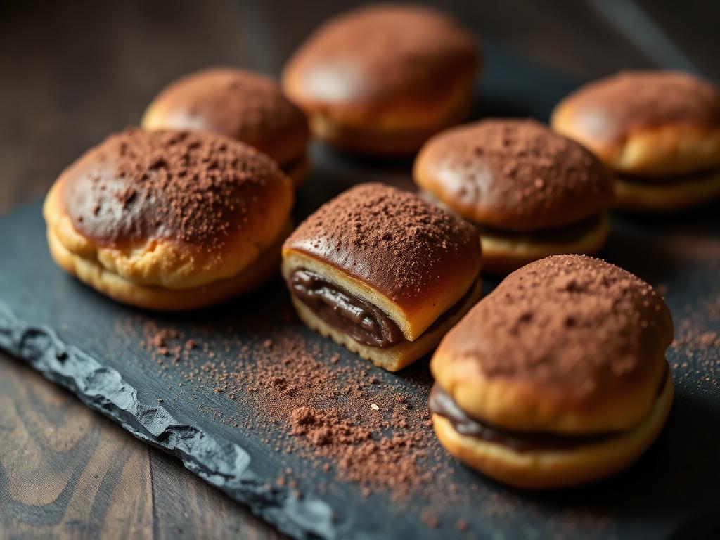 Chocolate pastries dusted with cocoa