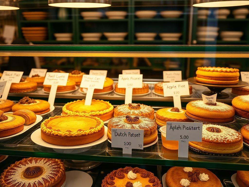 Display counter full of Dutch pastries and cakes at Anne Bakery Amsterdam