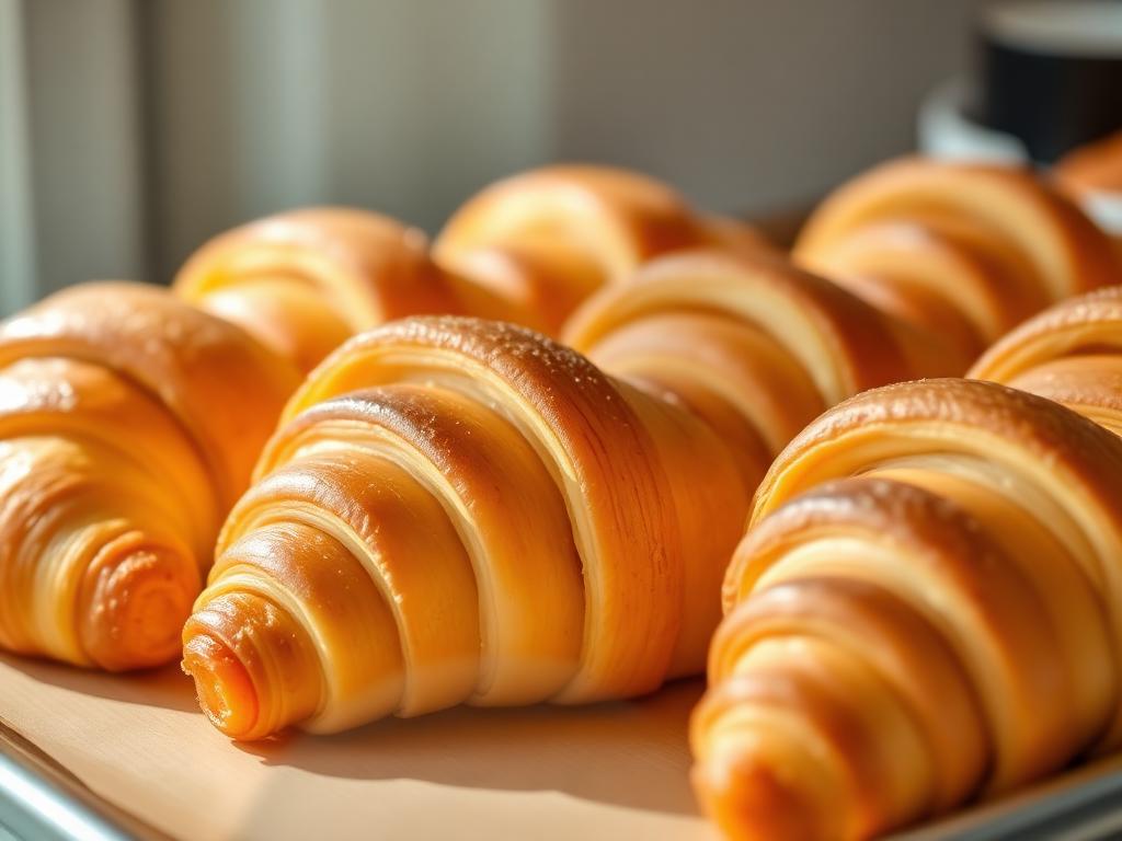 Golden fresh croissants on a baking tray at Anne Bakery