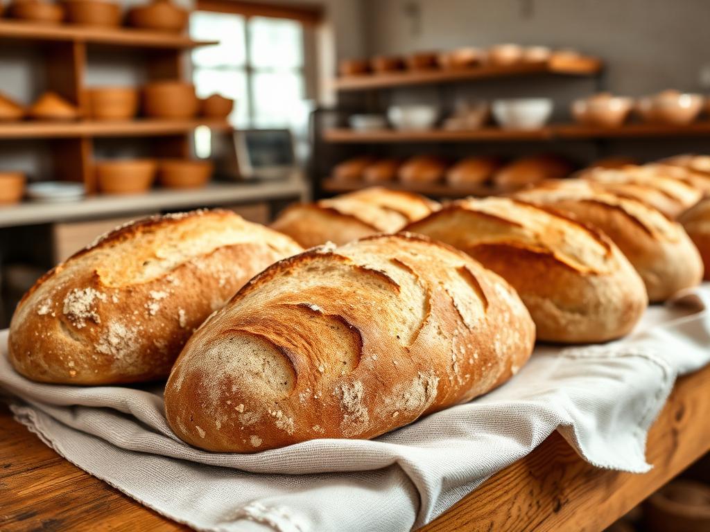 Rustic traditional Dutch bread loaves resting on linen in the bakery