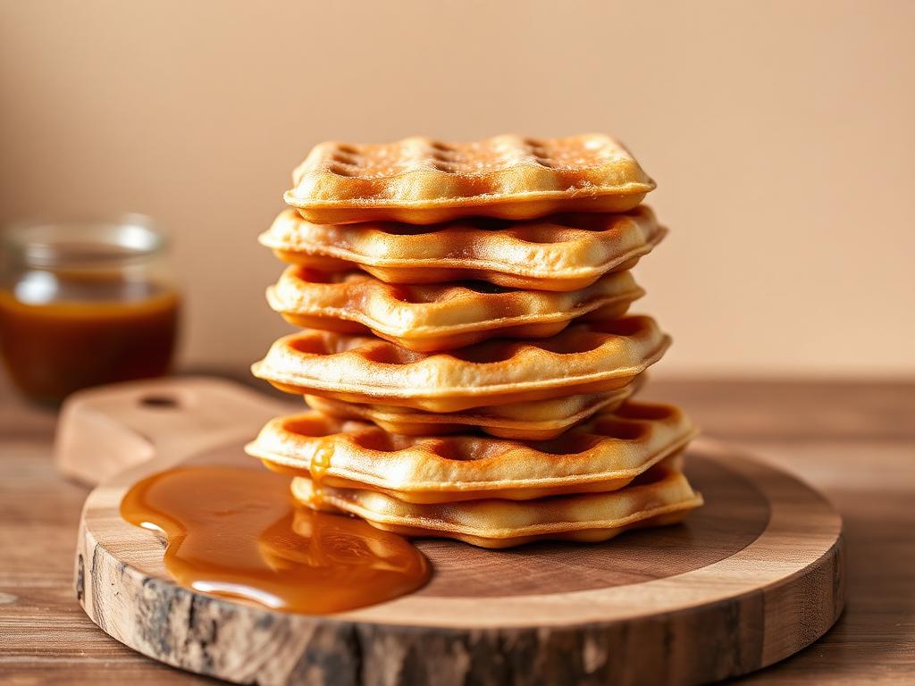 Freshly pressed stroopwafels with caramel syrup on a wooden board