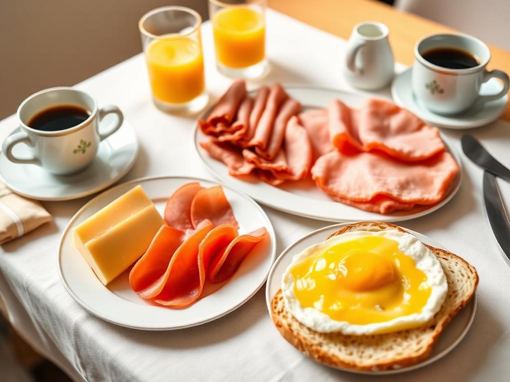 Breakfast plate with bread, cheese, ham, egg and coffee